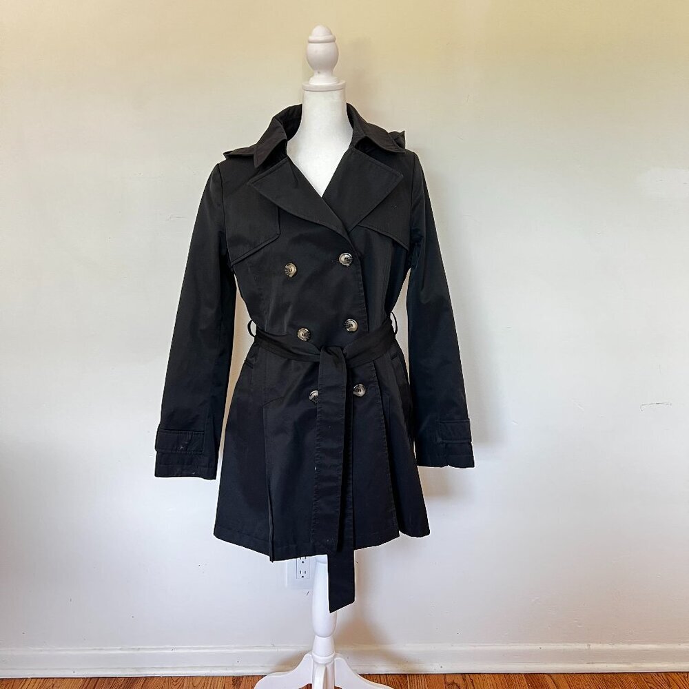 DKNY Black Trench Rain Jacket Double Breasted Lined Belted Classic L Outdoor - Picture 4 of 15